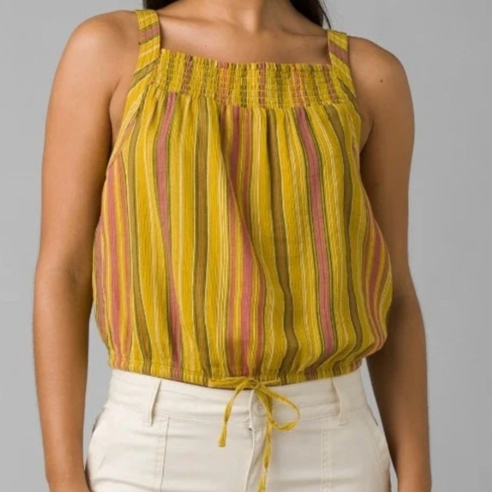 Prana Little Palm Cami Tank Yellow and Pink Striped Organic Cotton Large